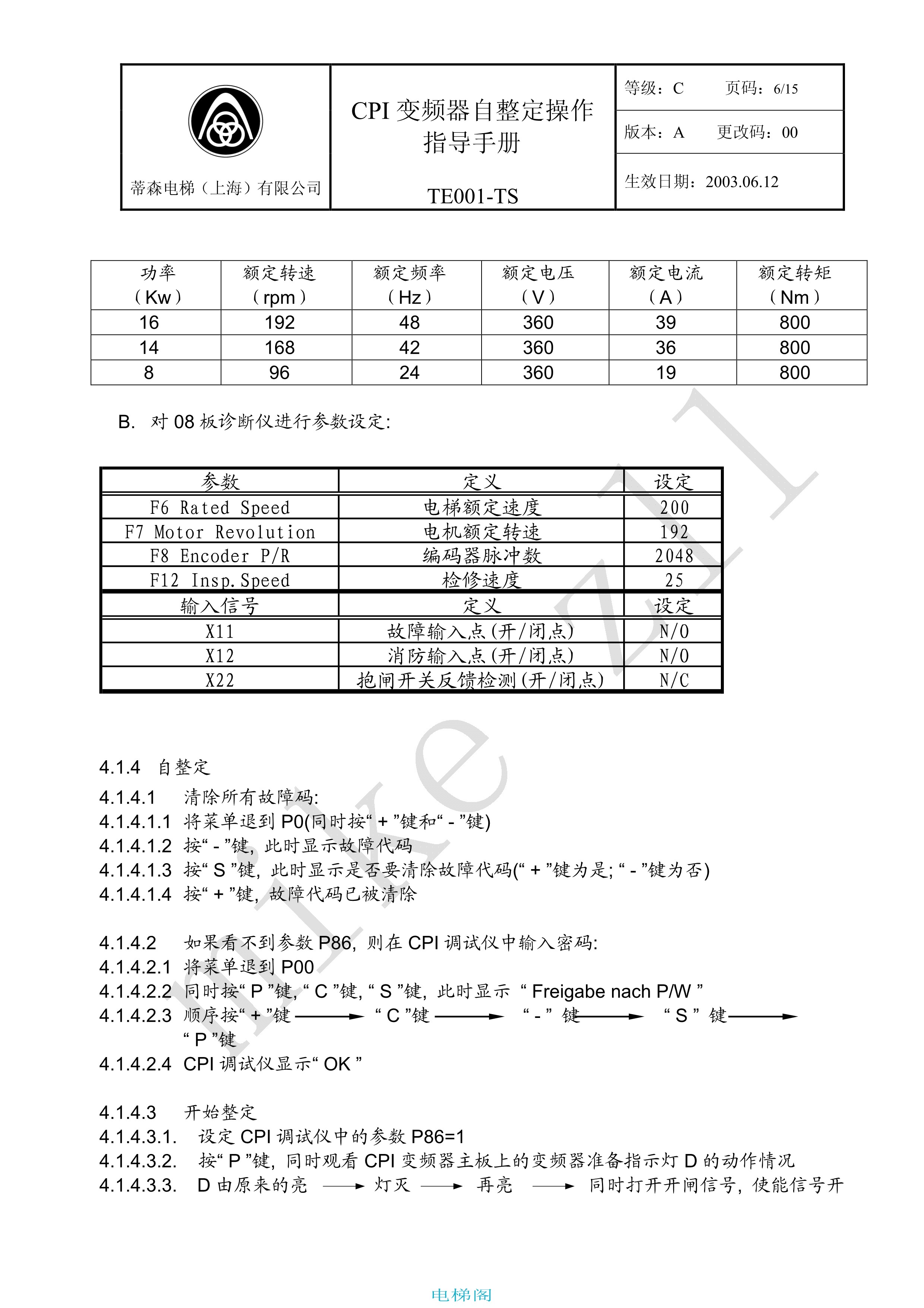 蒂森CPI变频器自整定操作指导手册