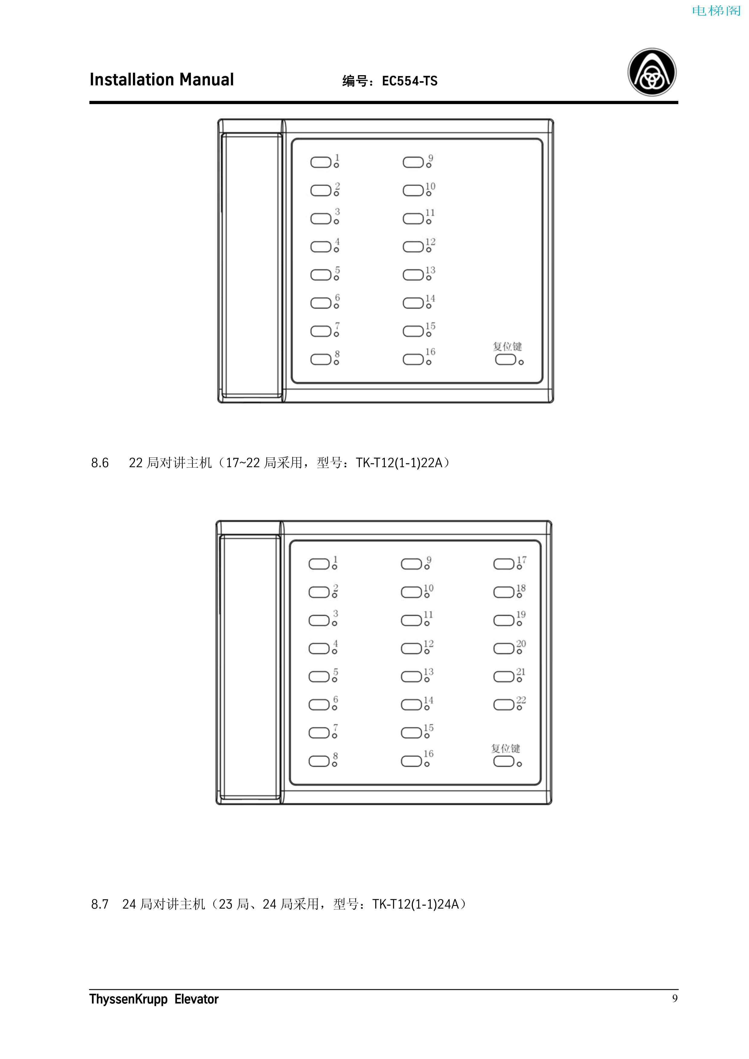 蒂森TK-T12电梯紧急通讯报警系统安装手册